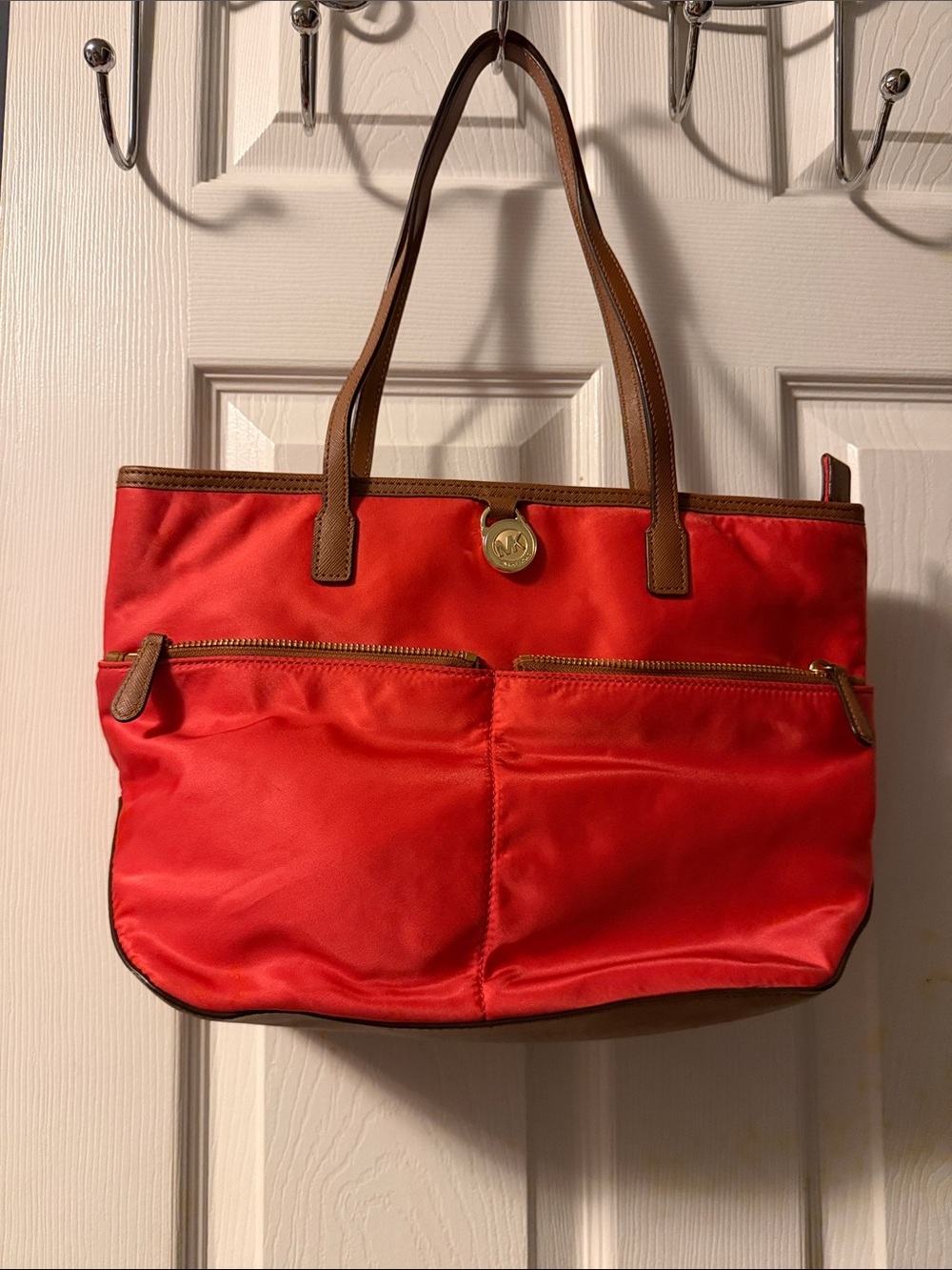 Michael Kors Vibrant Red Nylon Tote with Brown Leather Trim